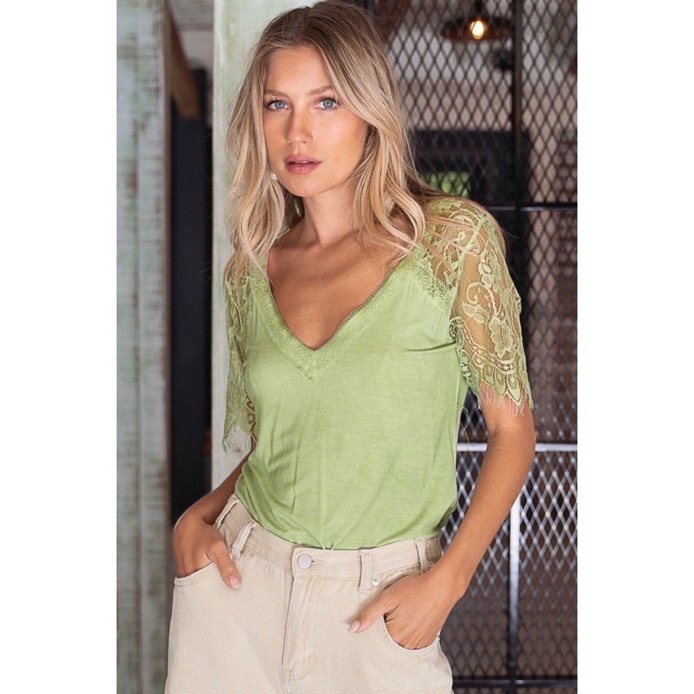 POL Lime Green V Neck Lace Sleeve Rayon Jersey Tee - Picture 8 of 8